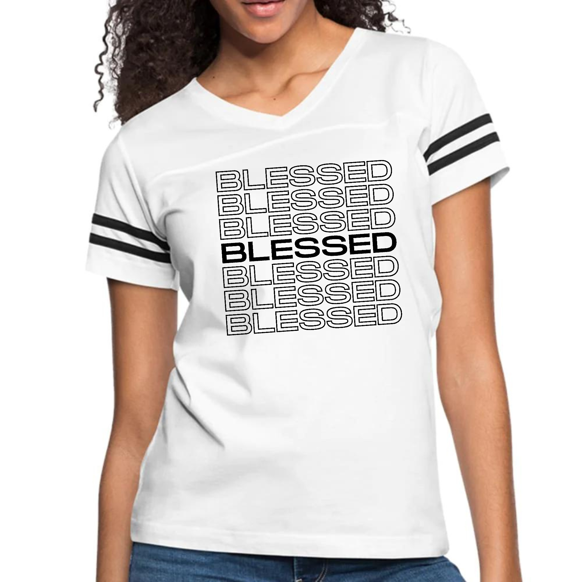 Womens Vintage Sport Graphic T-shirt - Stacked Blessed Print
